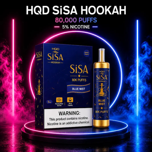 HQD SiSA Hookah 80,000 Puffs All Flavors Disposable Vape with 28ml e-liquid, 5% nicotine, rechargeable USB Type-C battery, adjustable airflow, and premium hookah flavors available at Pink Smoke Shop.
