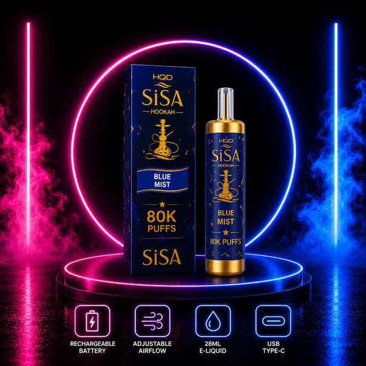 HQD SiSA Hookah 80,000 Puffs Blue Mist Disposable Vape featuring 28ml e-liquid, 5% nicotine, rechargeable USB Type-C battery, adjustable airflow, and premium hookah-inspired performance.