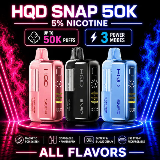 HQD SNAP 50K Pod Kit All Flavors 5% Nicotine Magnetic Disposable Vape with 3 Power Modes, Battery Display, USB-C Rechargeable and Up to 50,000 Puffs