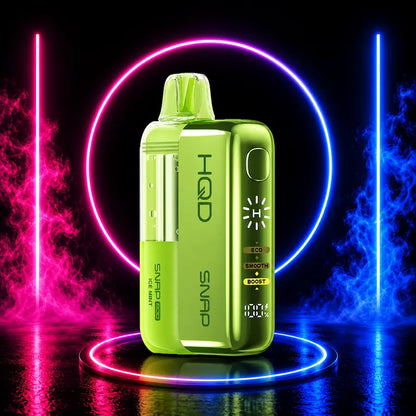HQD SNAP 50K Pod Kit Ice Mint with magnetic disposable vape, rechargeable power bank, digital display, and neon black background.