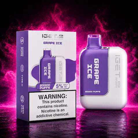 iGET 20000 Puffs Grape Ice disposable vape with retail box, rechargeable device, premium neon display background, available at Pink Smoke Shop.