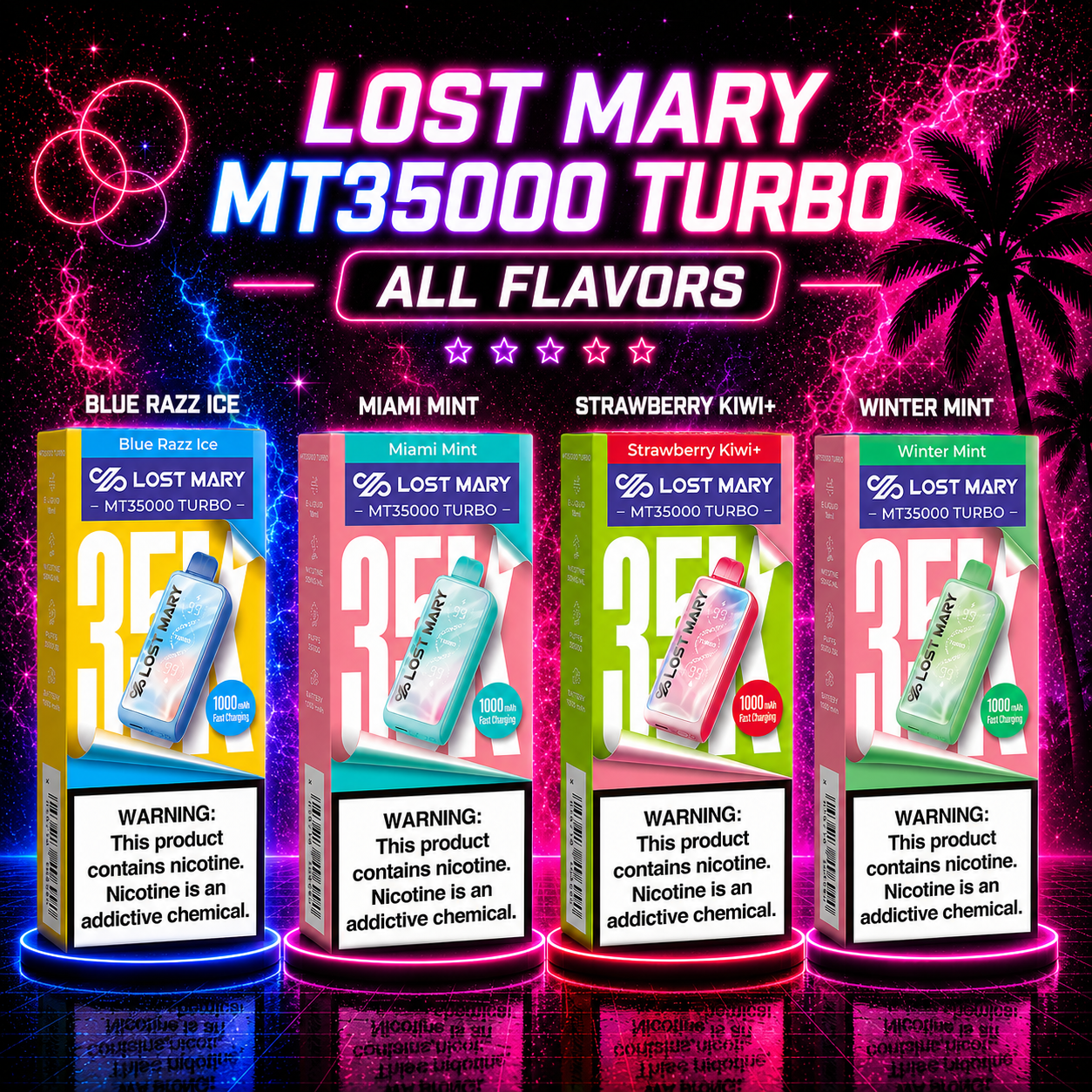 Lost Mary MT35000 Turbo All Flavors disposable vape collection featuring Blue Razz Ice, Miami Mint, Strawberry Kiwi Plus, and Winter Mint with premium neon background by Pink Smoke Shop.
