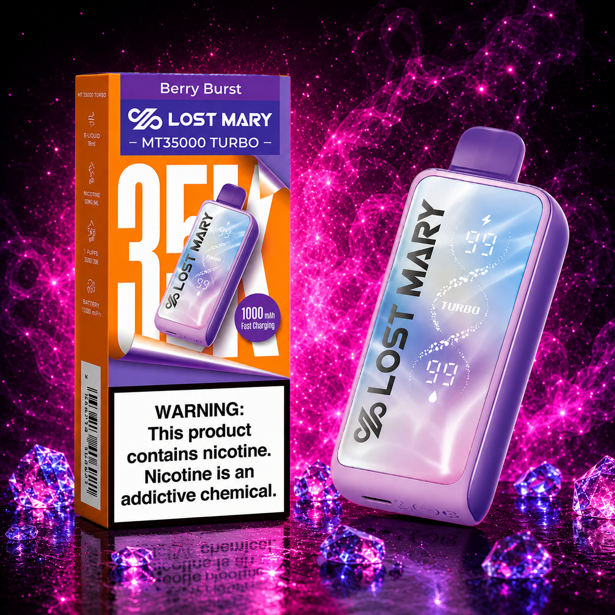 Lost Mary MT35000 Turbo Berry Burst disposable vape featuring a rechargeable 1000mAh battery, smart display, and up to 35,000 puffs with a smooth mixed berry flavor in premium retail packaging.