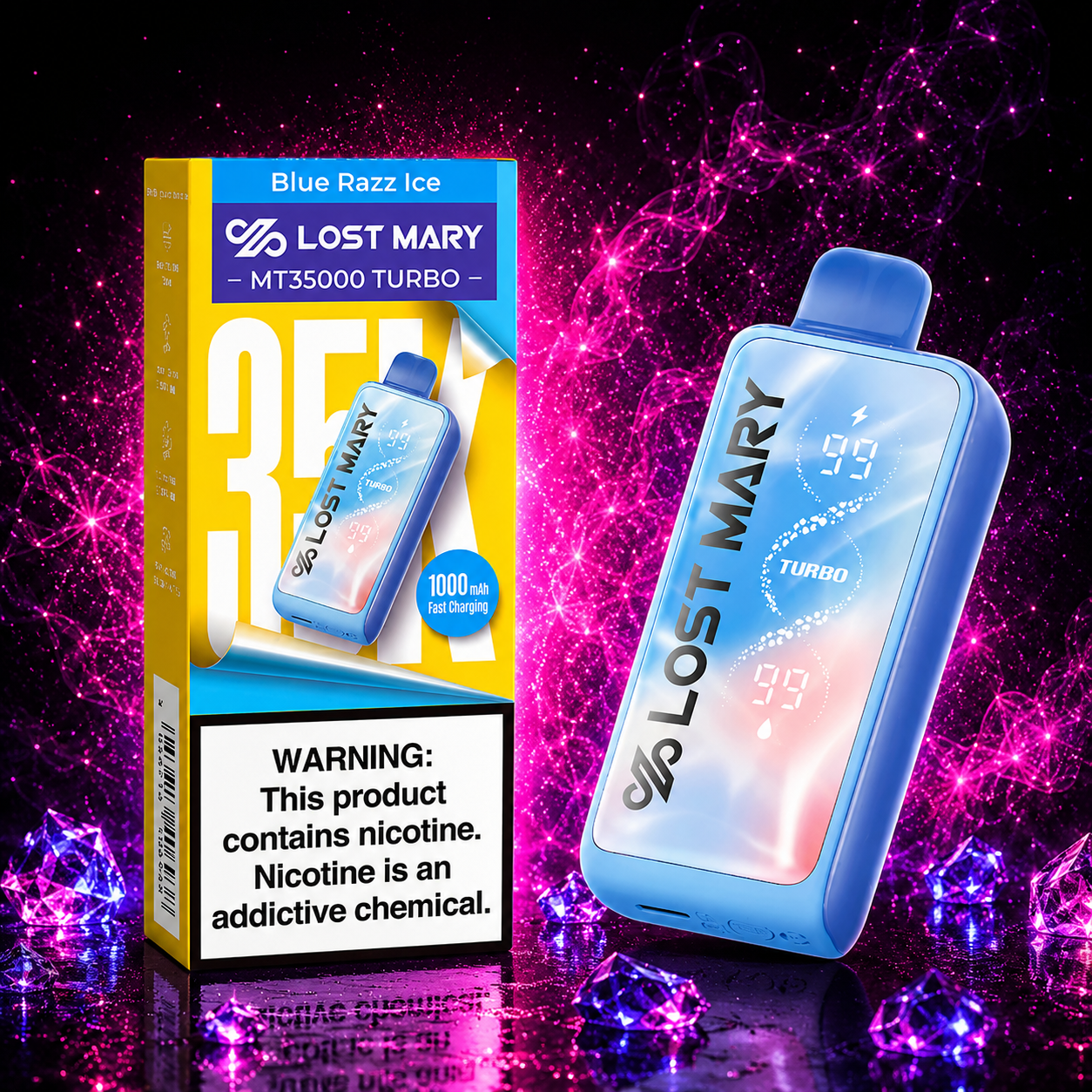 Lost Mary MT35000 Turbo Blue Razz Ice disposable vape with premium retail packaging, smart display, rechargeable 1000mAh battery, and up to 35,000 puffs featuring a cool blue raspberry ice flavor.