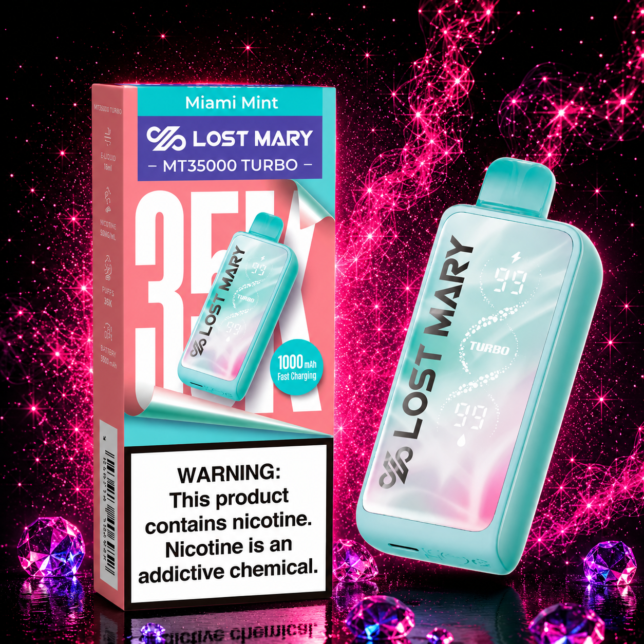 Lost Mary MT35000 Turbo Miami Mint disposable vape with premium retail packaging, rechargeable 1000mAh battery, smart display, and up to 35,000 puffs featuring a refreshing Miami Mint flavor.