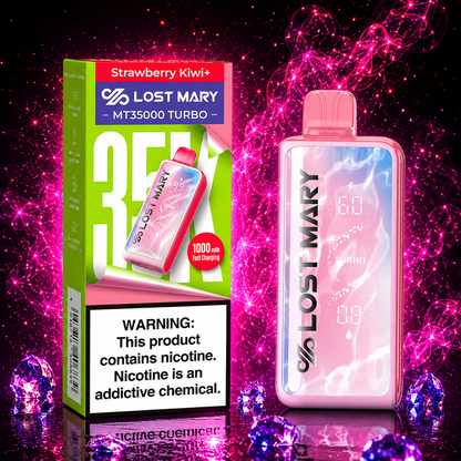 Lost Mary MT35000 Turbo Strawberry Kiwi+ disposable vape with premium retail packaging, rechargeable 1000mAh battery, smart display, and up to 35,000 puffs featuring a sweet strawberry and kiwi flavor blend.