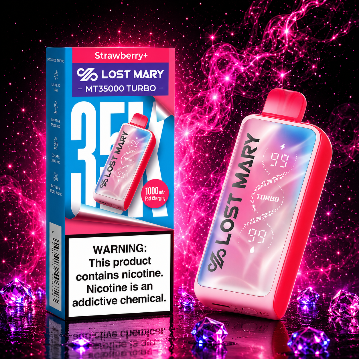 Lost Mary MT35000 Turbo Strawberry+ disposable vape with premium retail packaging, rechargeable 1000mAh battery, smart display, and up to 35,000 puffs featuring a sweet strawberry flavor.