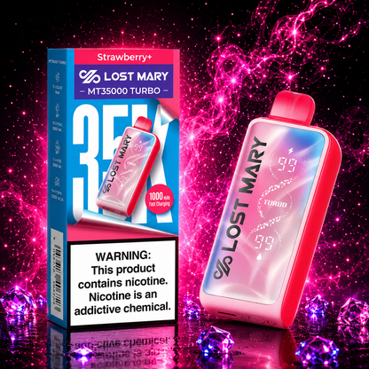 Lost Mary MT35000 Turbo Strawberry+ disposable vape with premium retail packaging, rechargeable 1000mAh battery, smart display, and up to 35,000 puffs featuring a sweet strawberry flavor.