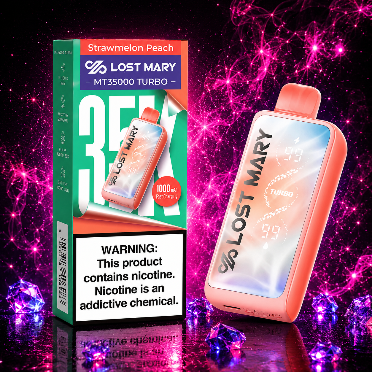 Lost Mary MT35000 Turbo Strawmelon Peach disposable vape with premium retail packaging, rechargeable 1000mAh battery, smart display, and up to 35,000 puffs featuring a sweet strawberry, watermelon, and peach flavor blend.