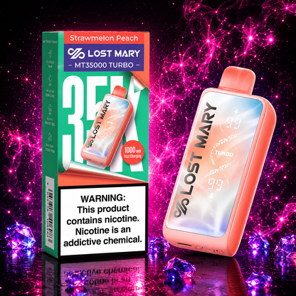 Lost Mary MT35000 Turbo Strawmelon Peach disposable vape with premium retail packaging, rechargeable 1000mAh battery, smart display, and up to 35,000 puffs featuring a sweet strawberry, watermelon, and peach flavor blend.