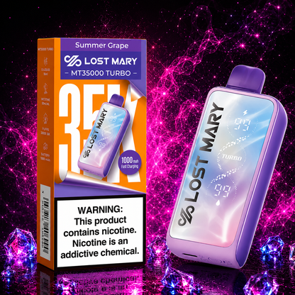 Lost Mary MT35000 Turbo Summer Grape disposable vape with premium retail packaging, rechargeable 1000mAh battery, smart display, and up to 35,000 puffs featuring a refreshing summer grape flavor.