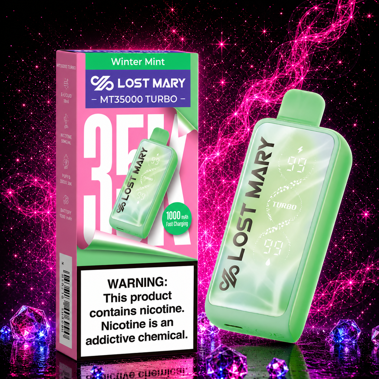 Lost Mary MT35000 Turbo Winter Mint disposable vape with premium retail packaging, rechargeable 1000mAh battery, smart display, and up to 35,000 puffs featuring a cool and refreshing winter mint flavor.