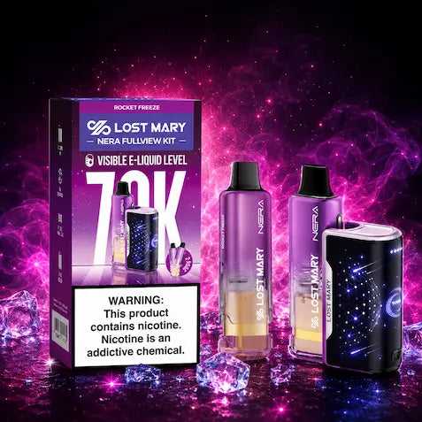 Lost Mary Nera Fullview Kit 70K Rocket Freeze vape kit with visible e-liquid pods, rechargeable power bank, retail packaging, and neon purple display background.