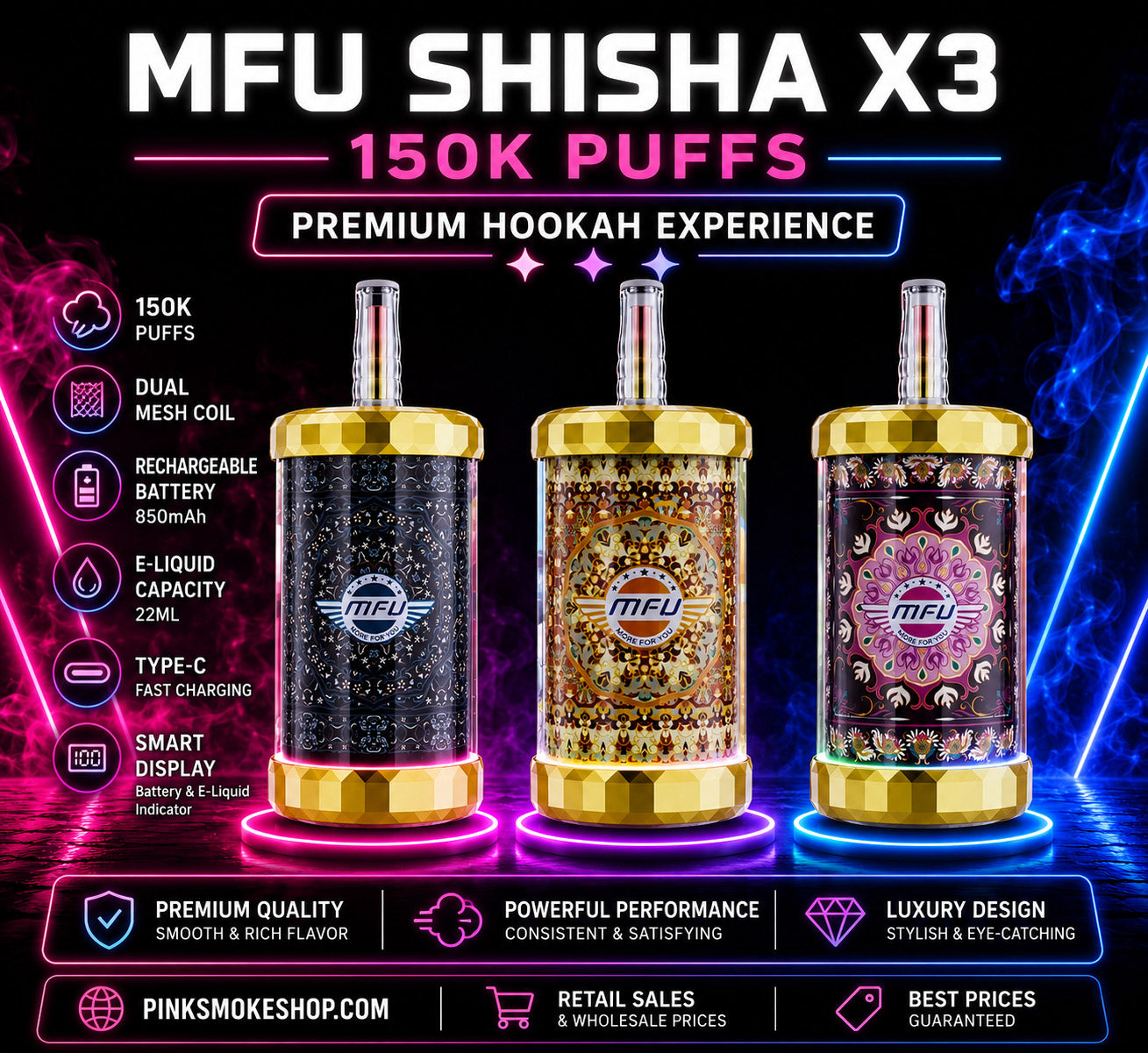 MFU SHISHA X3 150K Hookah Disposable Vape available in multiple flavors featuring up to 150,000 puffs, dual mesh coil, 80ml e-liquid, rechargeable 2200mAh battery, USB Type-C fast charging, smart display, and premium hookah vaping performance.