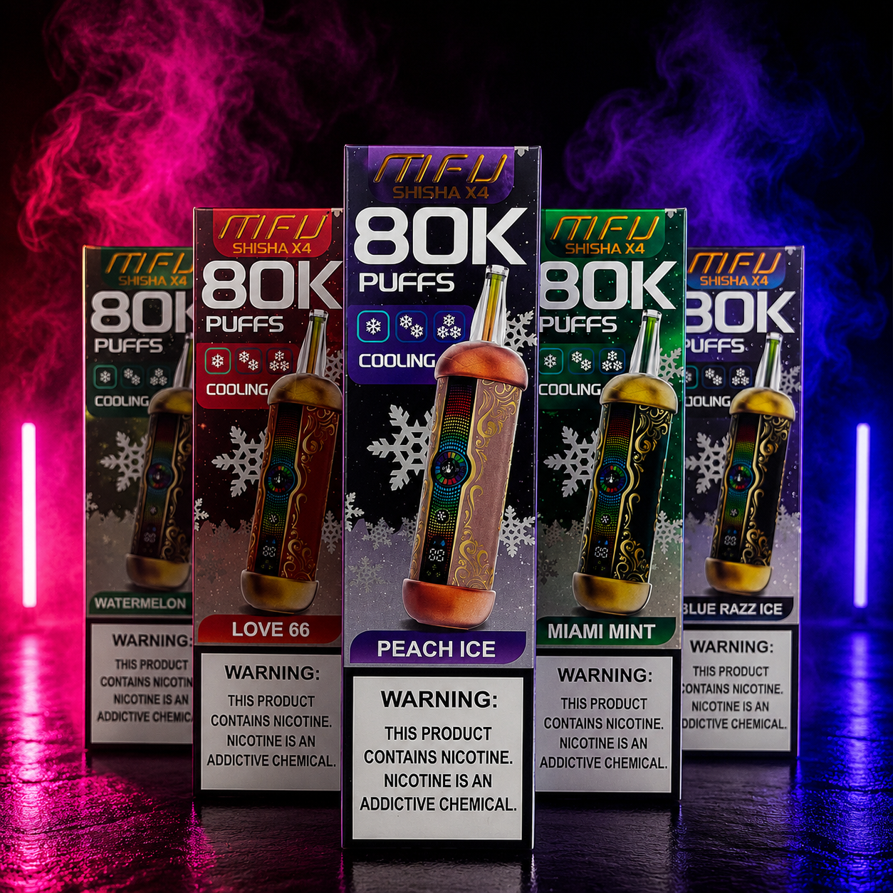 MIFU Shisha X4 80000 Puffs disposable vape collection featuring Peach Ice, Miami Mint, Love 66, Watermelon Ice and Blue Razz Ice