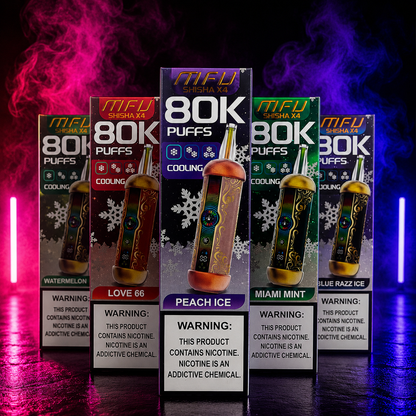 MIFU Shisha X4 80000 Puffs disposable vape collection featuring Peach Ice, Miami Mint, Love 66, Watermelon Ice and Blue Razz Ice