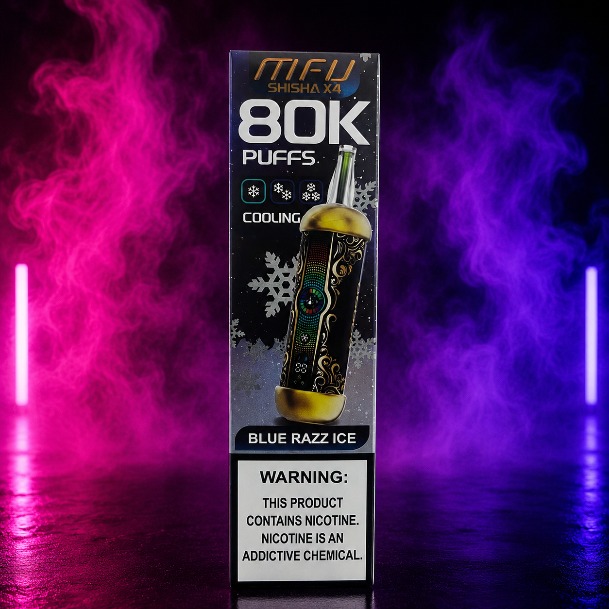 MIFU Shisha X4 80000 Puffs Blue Razz Ice disposable vape product image with colorful smoke background