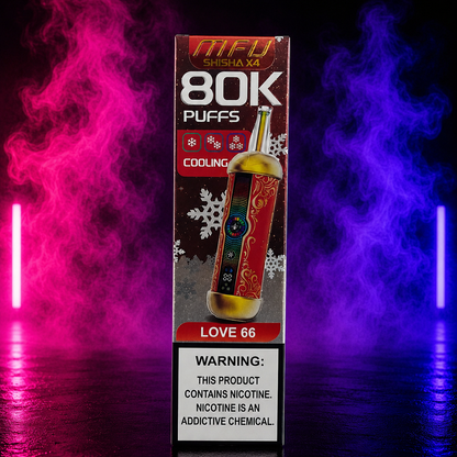 MIFU Shisha X4 80000 Puffs Love 66 disposable vape with colorful neon smoke background
