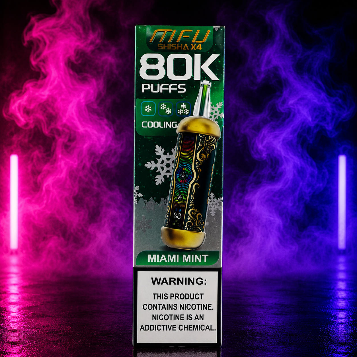 MIFU Shisha X4 80000 Puffs Miami Mint disposable vape featuring cooling mint flavor and smoke background