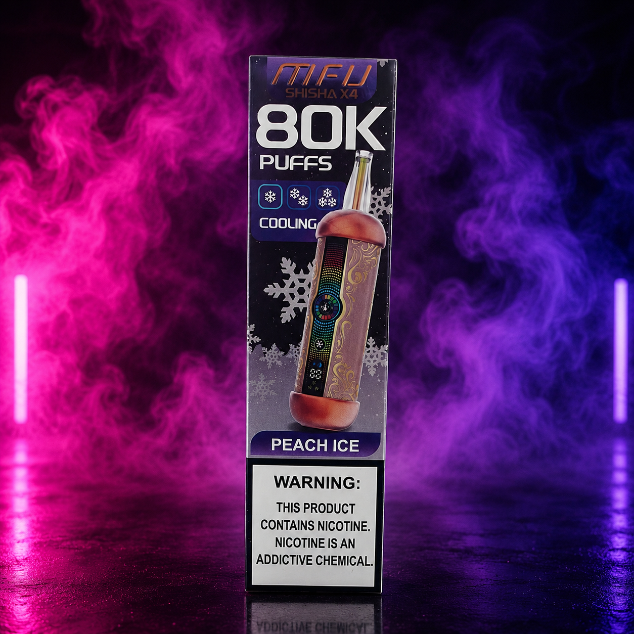 MIFU Shisha X4 80000 Puffs Peach Ice disposable vape with neon pink and purple smoke background at Pink Smoke Shop.