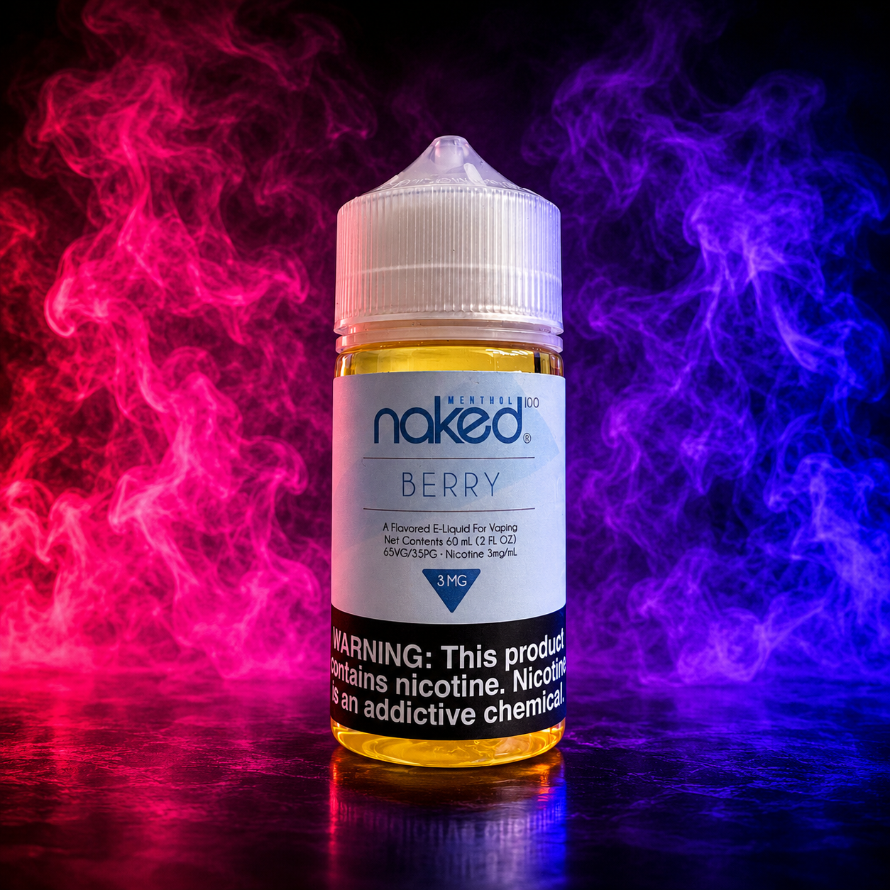 Naked 100 Berry Menthol 3mg vape juice 60ml bottle with refreshing berry and cool menthol flavor displayed on a pink and purple smoke background for vape enthusiasts in the USA.