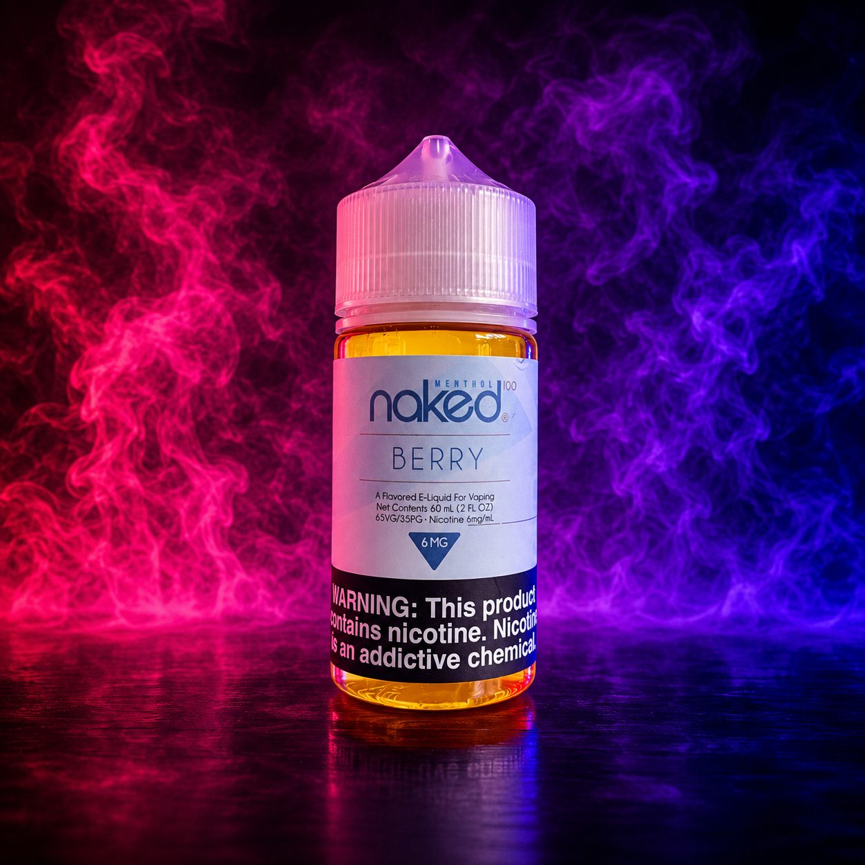 Naked 100 Berry Menthol 6mg E-Liquid 60ml bottle with pink and purple smoke background premium vape juice available in USA