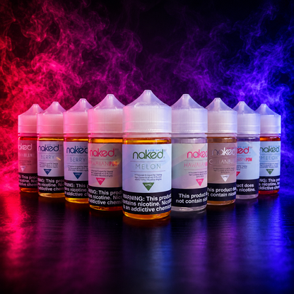 Naked 100 E-Liquid collection featuring multiple popular flavors displayed on a neon pink and purple smoke background at Pink Smoke Shop.