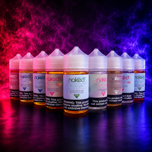 Naked 100 E-Liquid collection featuring multiple popular flavors displayed on a neon pink and purple smoke background at Pink Smoke Shop.