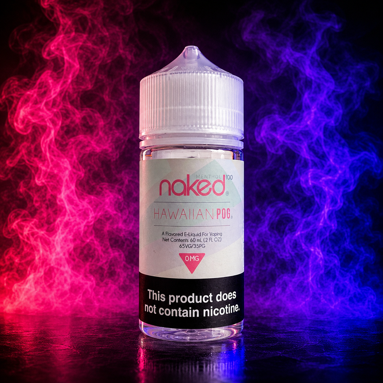 Naked 100 Hawaiian POG 0mg E-Liquid 60ml bottle with pink and purple smoke background, nicotine free tropical vape juice available at Pink Smoke Shop USA.