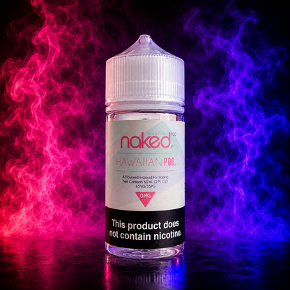 Naked 100 Hawaiian POG 0mg E-Liquid 60ml bottle with pink and purple smoke background, nicotine free tropical vape juice available at Pink Smoke Shop USA.