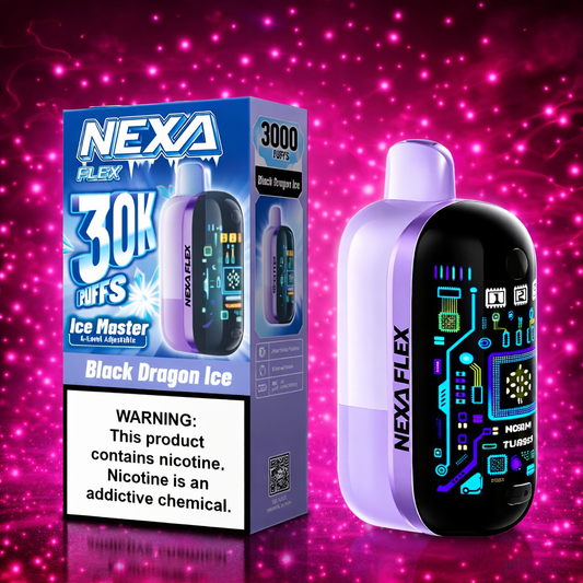 Nexa Flex Black Dragon Ice disposable vape 30000 puffs with pink neon background