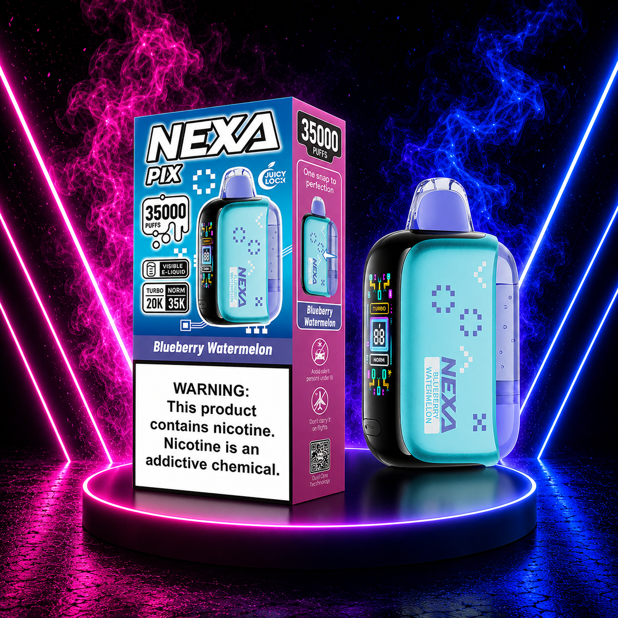 NEXA PIX 35000 Blueberry Watermelon disposable vape combining sweet blueberry and juicy watermelon flavors with up to 35000 puffs.