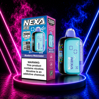 NEXA PIX 35000 Blueberry Watermelon disposable vape combining sweet blueberry and juicy watermelon flavors with up to 35000 puffs.