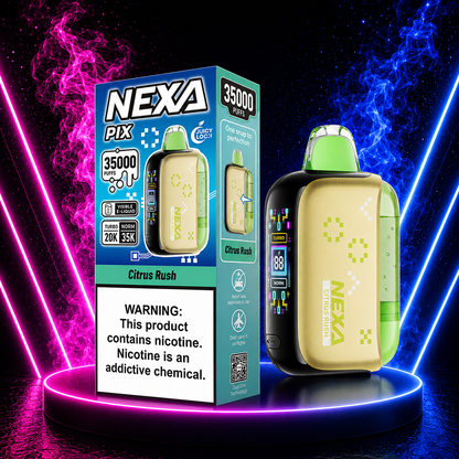 NEXA PIX 35000 Citrus Rush disposable vape with bright citrus flavor, rechargeable design and up to 35000 puffs.