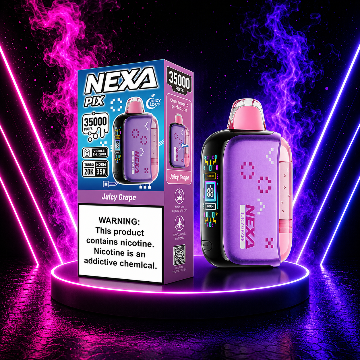 NEXA PIX 35000 Juicy Grape disposable vape with rich grape flavor, rechargeable USB-C battery and smooth airflow.