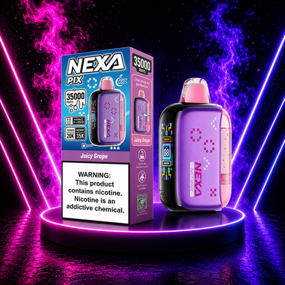 NEXA PIX 35000 Juicy Grape disposable vape with rich grape flavor, rechargeable USB-C battery and smooth airflow.