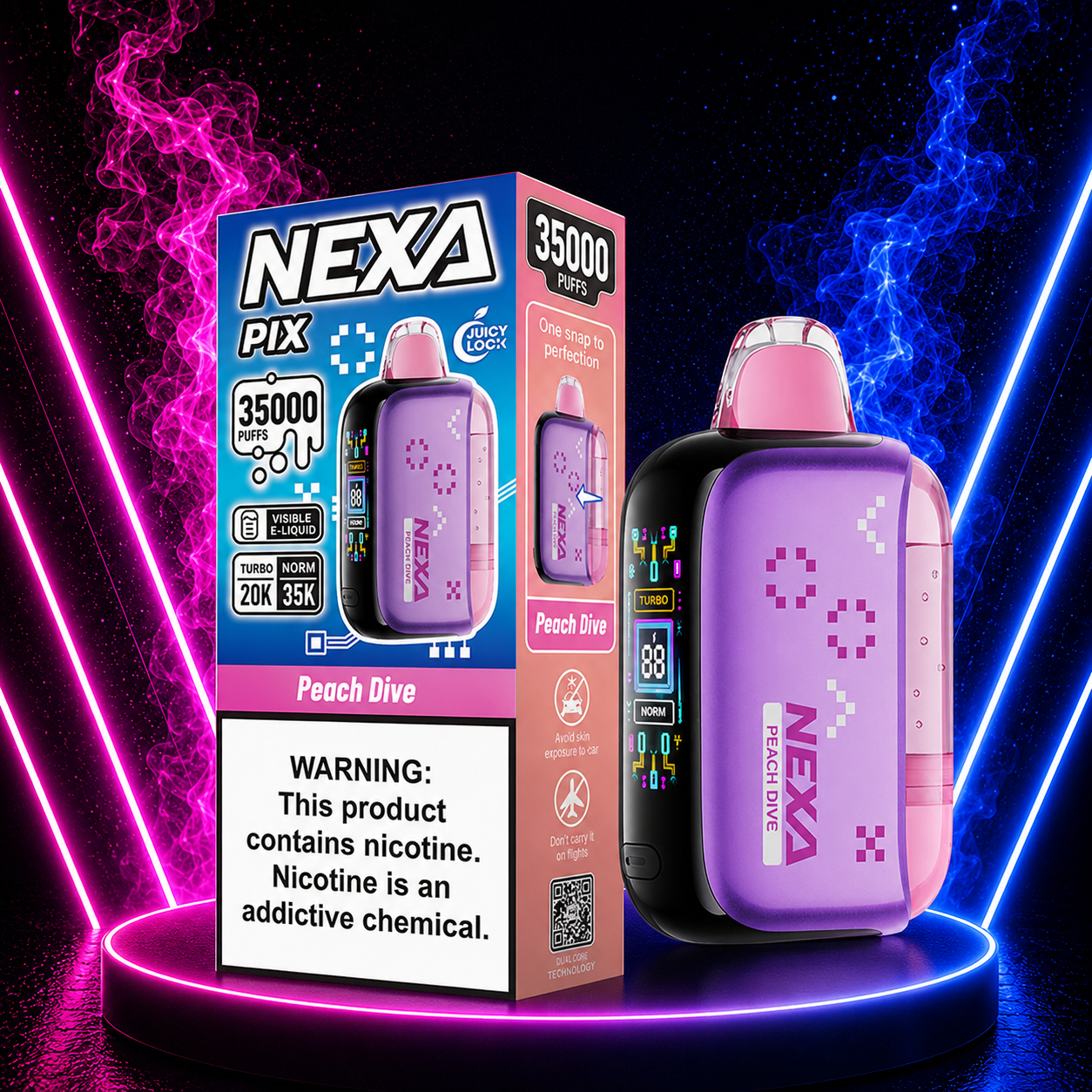 NEXA PIX 35000 Peach Dive disposable vape featuring juicy peach flavor, rechargeable USB-C battery and long-lasting satisfaction.
