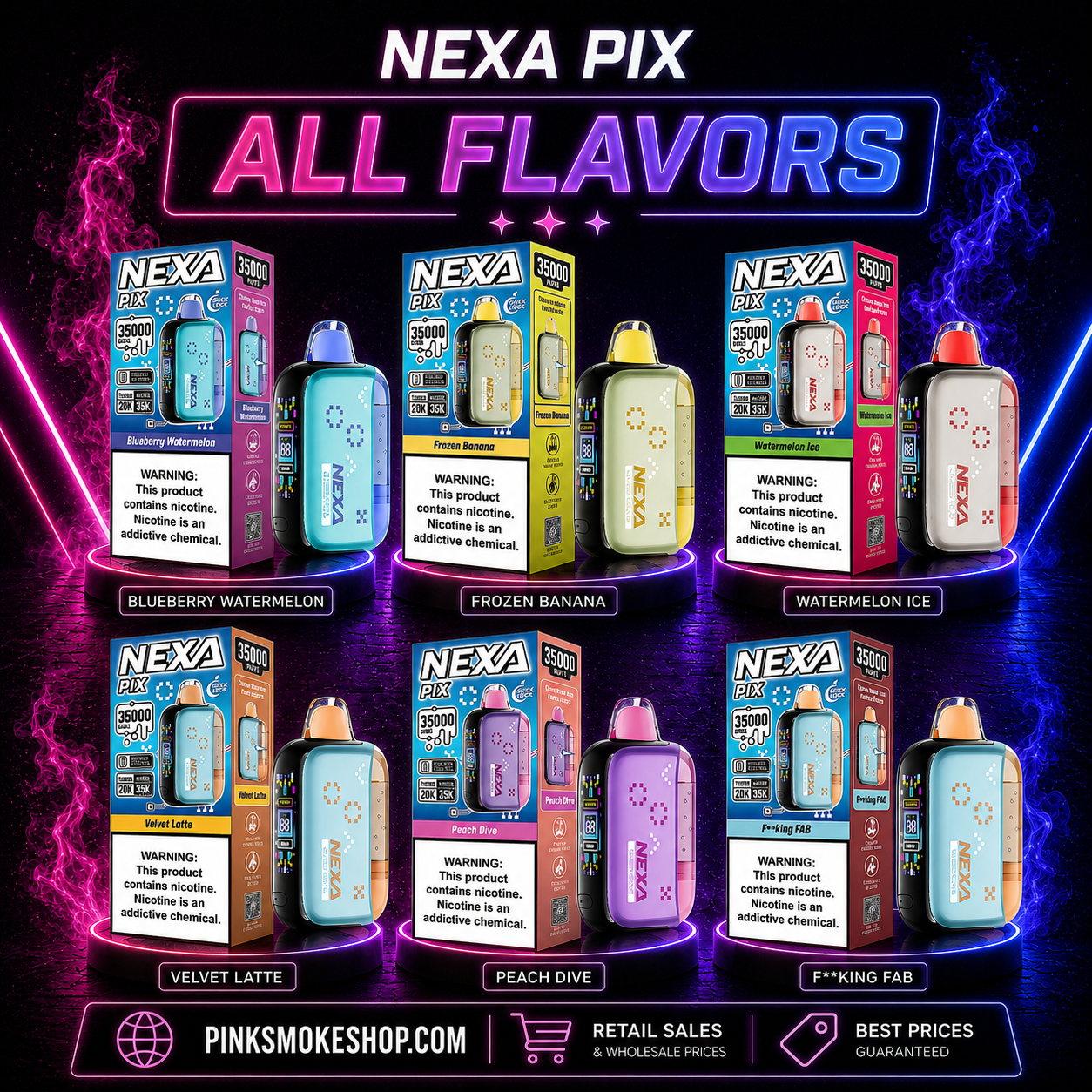 NEXA PIX 35000 Puffs disposable vape with USB-C rechargeable battery, visible e-liquid design, Turbo Mode, and premium flavor options