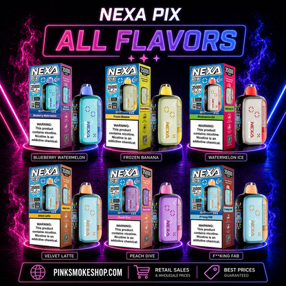 NEXA PIX 35000 Puffs disposable vape with USB-C rechargeable battery, visible e-liquid design, Turbo Mode, and premium flavor options