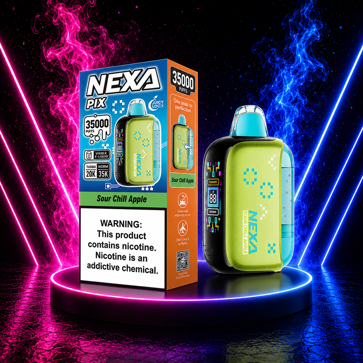 NEXA PIX 35000 Sour Chill Apple disposable vape featuring sweet and sour apple flavor with a refreshing icy finish.