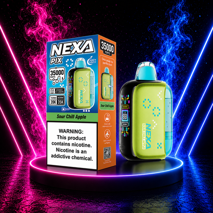 NEXA PIX 35000 Sour Chill Apple disposable vape featuring sweet and sour apple flavor with a refreshing icy finish.