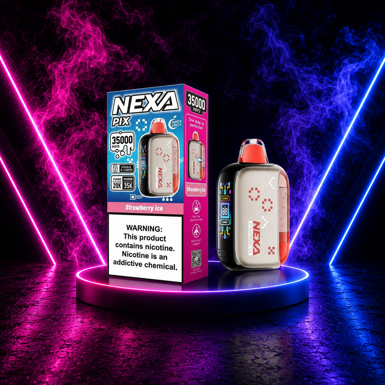 NEXA PIX 35000 Strawberry Ice disposable vape with sweet strawberry flavor, icy finish, rechargeable USB-C battery and up to 35000 puffs.