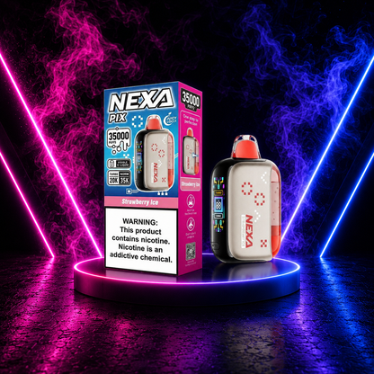 NEXA PIX 35000 Strawberry Ice disposable vape with sweet strawberry flavor, icy finish, rechargeable USB-C battery and up to 35000 puffs.