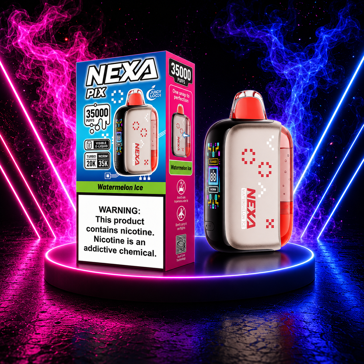NEXA PIX 35000 Watermelon Ice disposable vape featuring refreshing watermelon flavor, cool menthol finish and up to 35000 puffs.