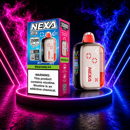 NEXA PIX 35000 Watermelon Ice disposable vape featuring refreshing watermelon flavor, cool menthol finish and up to 35000 puffs.