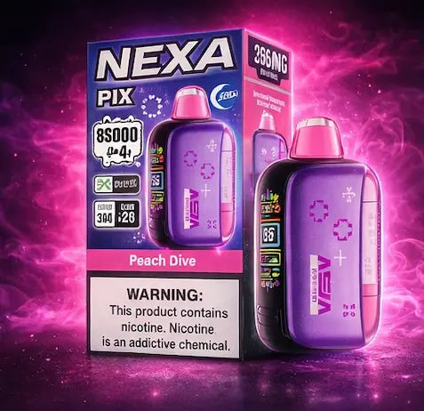 NEXA PIX Peach Dive disposable vape device with original retail box, digital display, rechargeable design, and premium neon pink background available at Pink Smoke Shop.