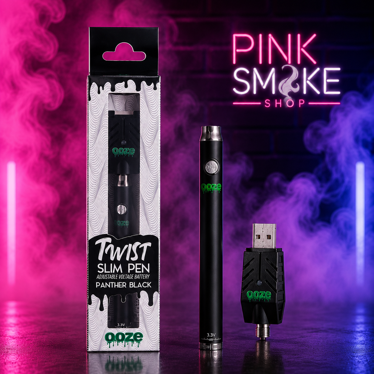 Ooze Twist Slim Pen Panther Black Adjustable Voltage 510 Thread Battery with USB Charger and Retail Packaging