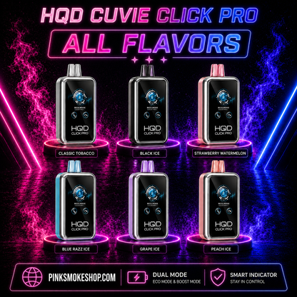 Promotional image of HQD Cuvie Click Pro vape devices with flavor options on a dark background.