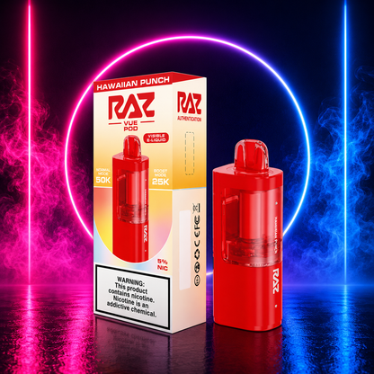 RAZ Vue 50K Hawaiian Punch replacement pod at Pink Smoke Shop Miami with neon pink purple and blue smoke background