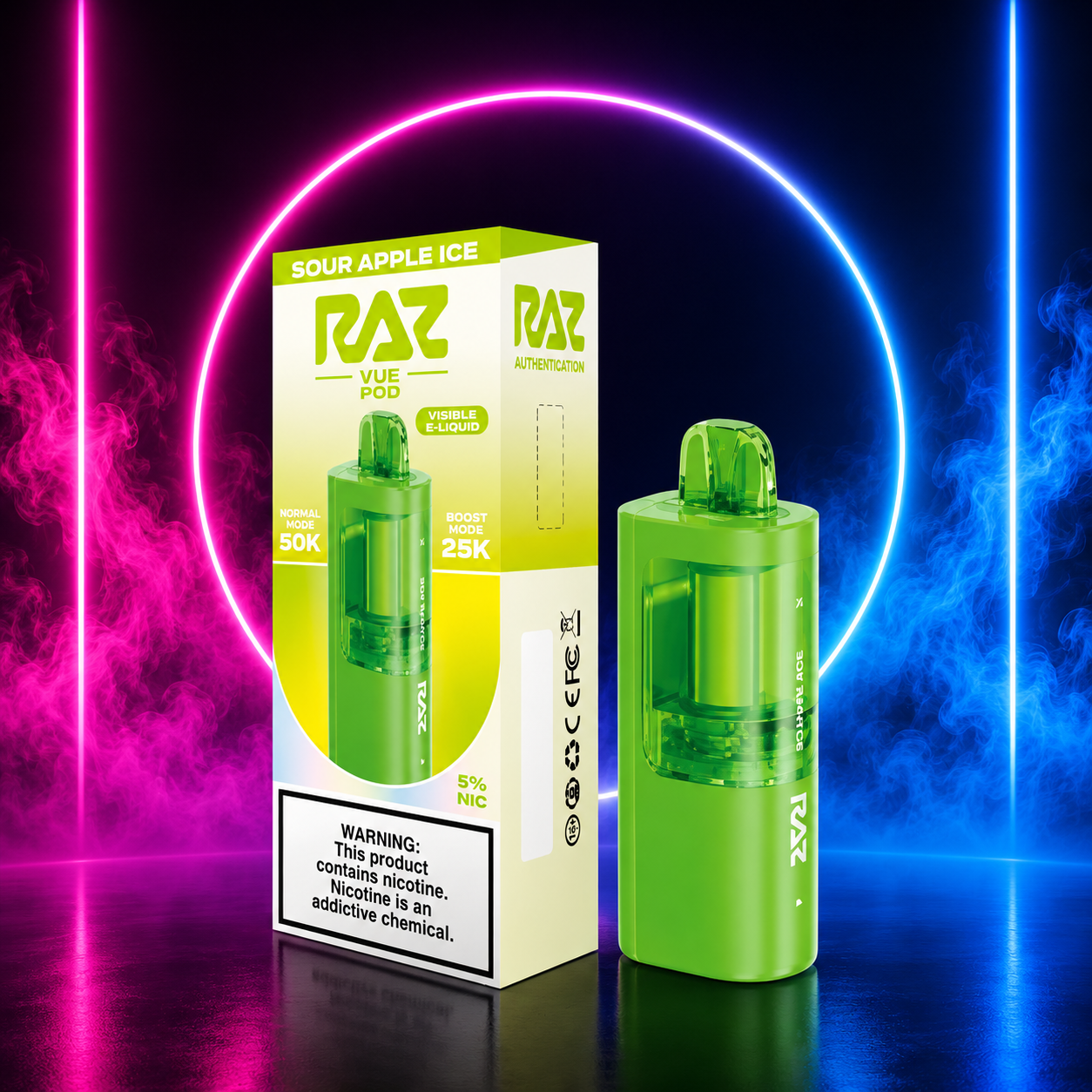 RAZ Vue 50K Sour Apple Ice replacement pod at Pink Smoke Shop Miami with neon pink purple and blue smoke background